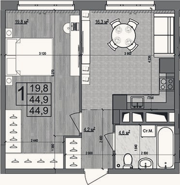 Планировка: 2-к, 44,9 м²