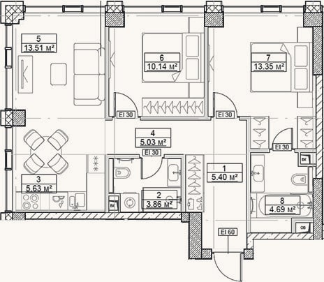 Планировка: 3-к, 61,6 м²