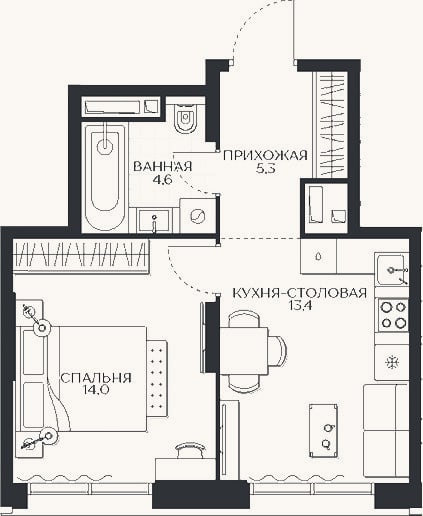 Планировка: 1-к, 37,4 м²