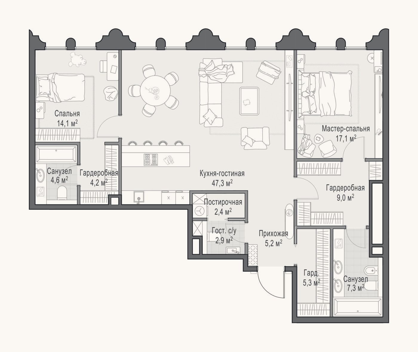 Планировка: 3-к, 120,8 м²