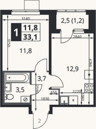 Планировка: 1-к, 32,5 м²