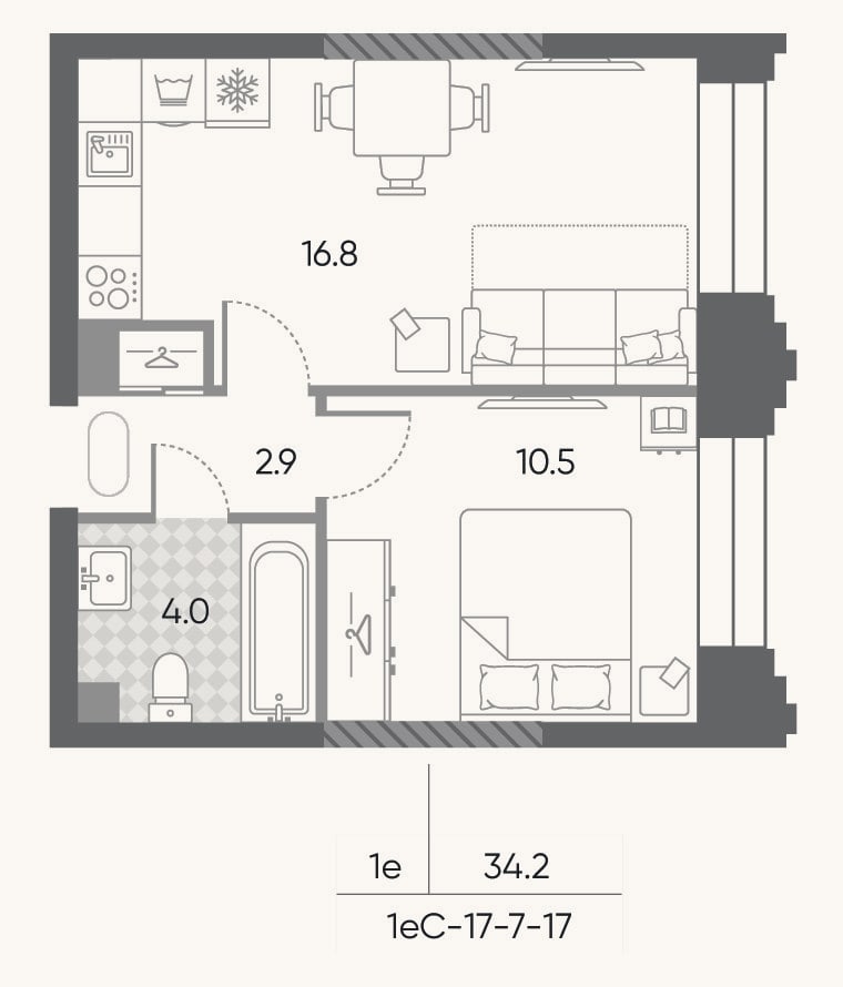 Планировка: 2-к, 34,2 м²