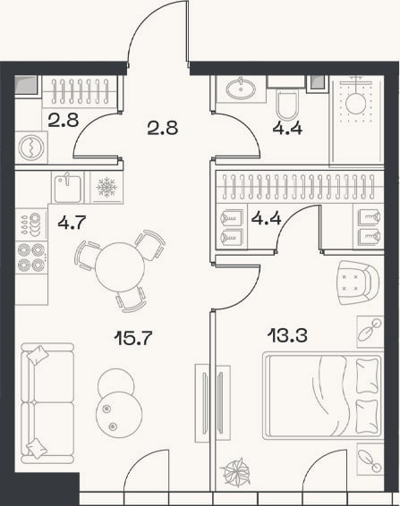 Планировка: 2-к, 48,1 м²