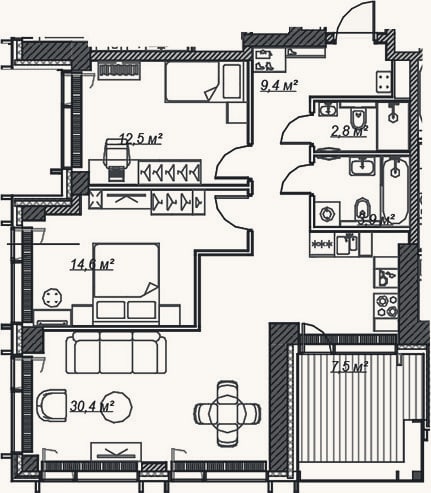 Планировка: 3-к, 73,7 м²