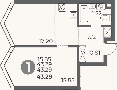 Планировка: 1-к, 43,3 м²