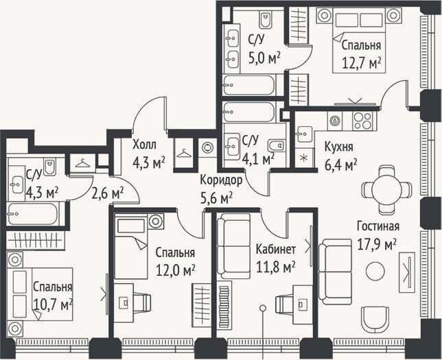 Планировка: 4+ к, 97,4 м²