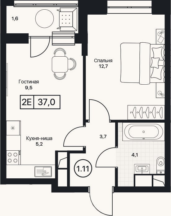 Планировка: 2-к, 35,4 м²
