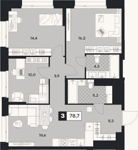 Планировка: 3-к, 78,7 м²