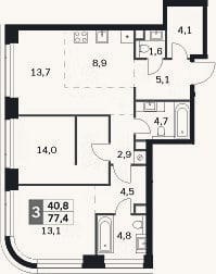 Планировка: 3-к, 77,4 м²