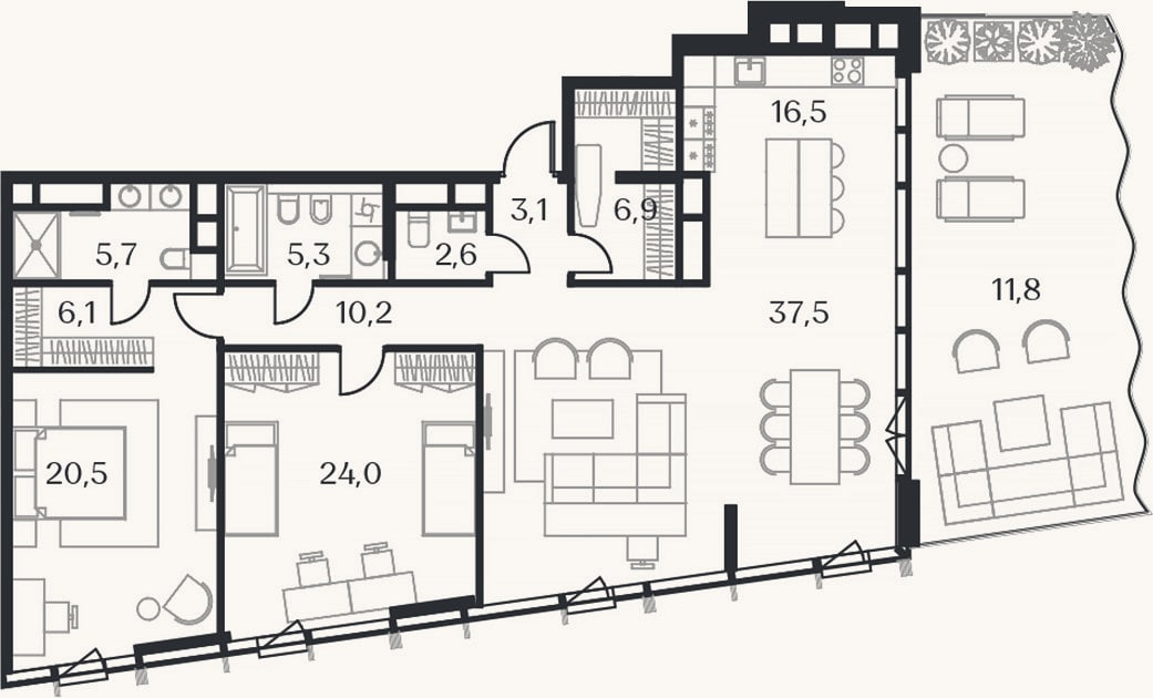Планировка: 3-к, 134 м²