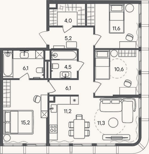 Планировка: 4+ к, 85,8 м²