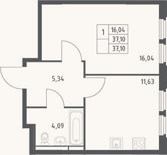 Планировка: 1-к, 37,1 м²