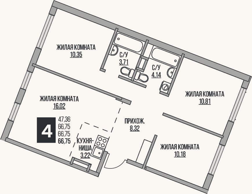Планировка: 4+ к, 66,8 м²