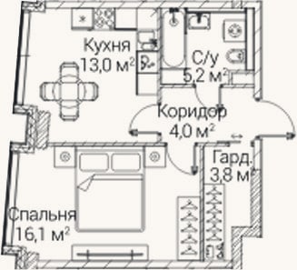 Планировка: 1-к, 42,1 м²