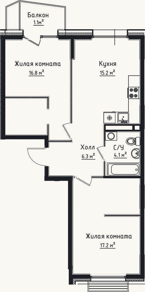 Планировка: 2-к, 59,6 м²