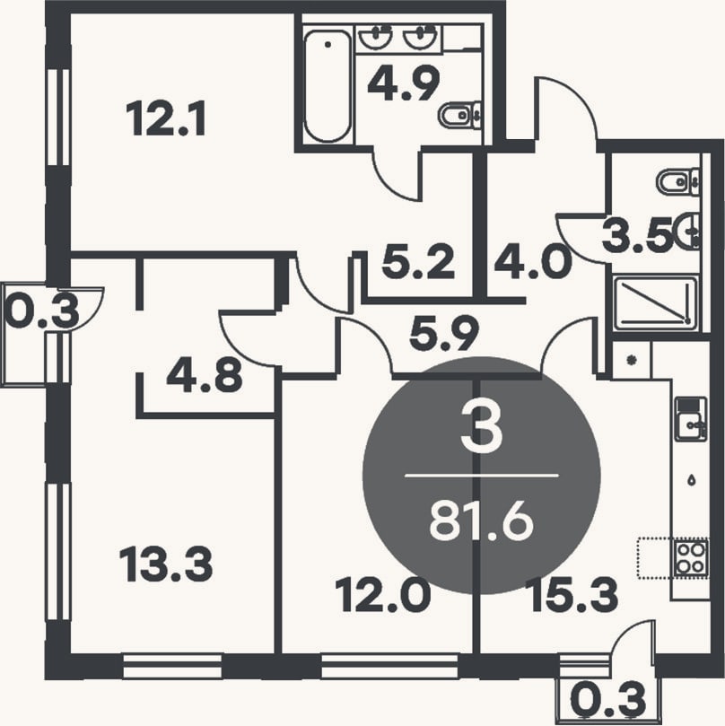 Планировка: 3-к, 81 м²