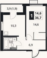 Планировка: 1-к, 34,8 м²