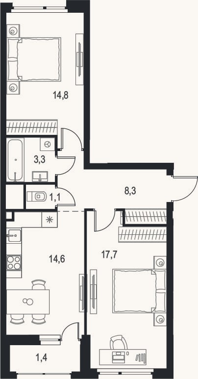 Планировка: 2-к, 59,8 м²