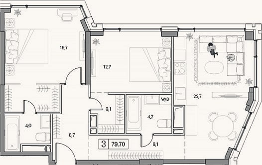 Планировка: 3-к, 79,7 м²
