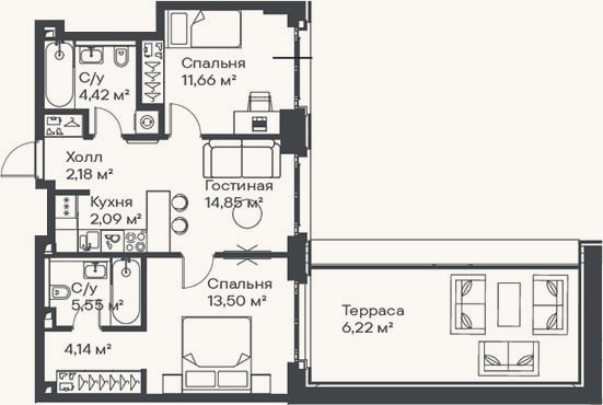 Планировка: 3-к, 58,4 м²