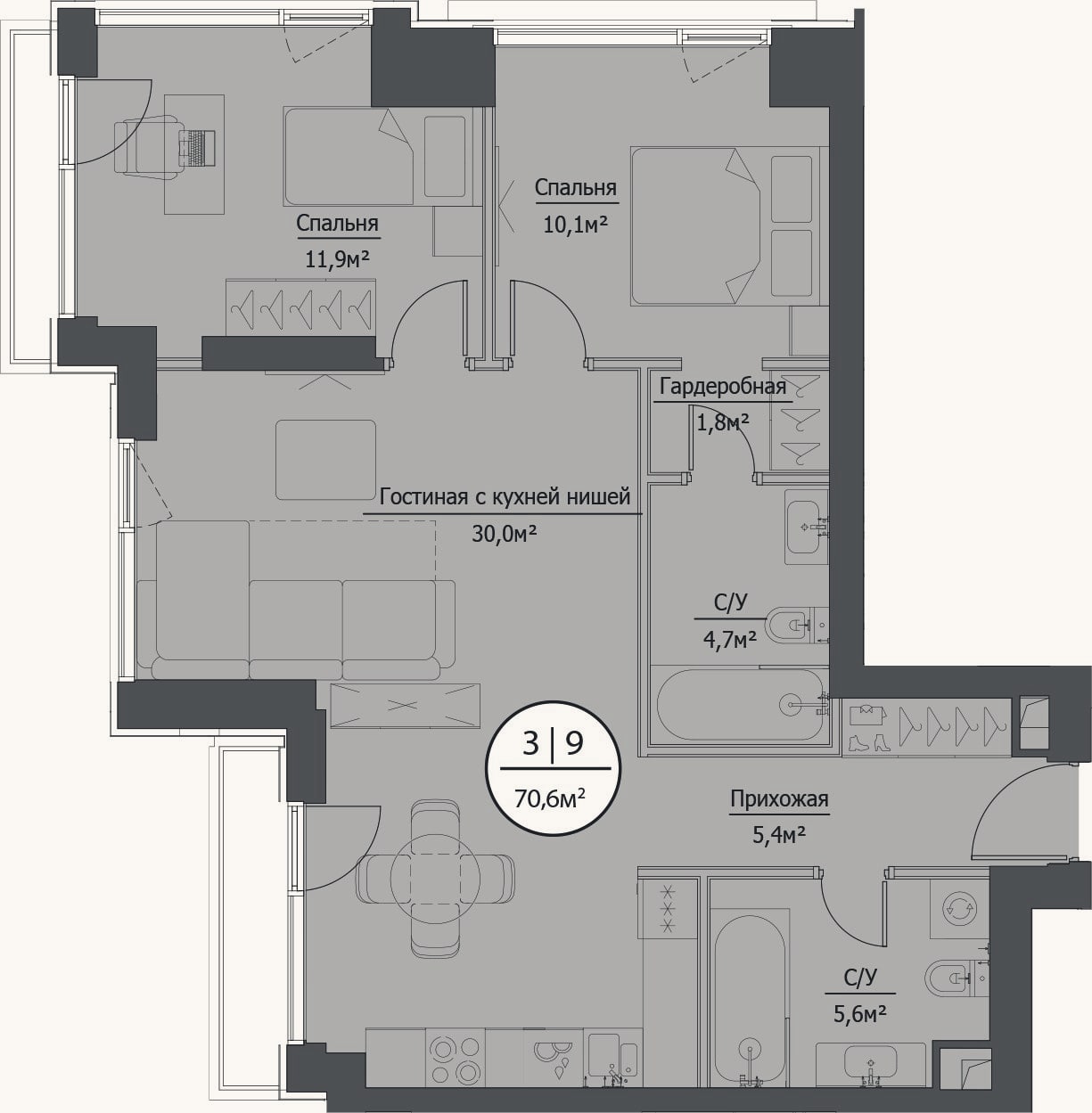 Планировка: 3-к, 69,9 м²