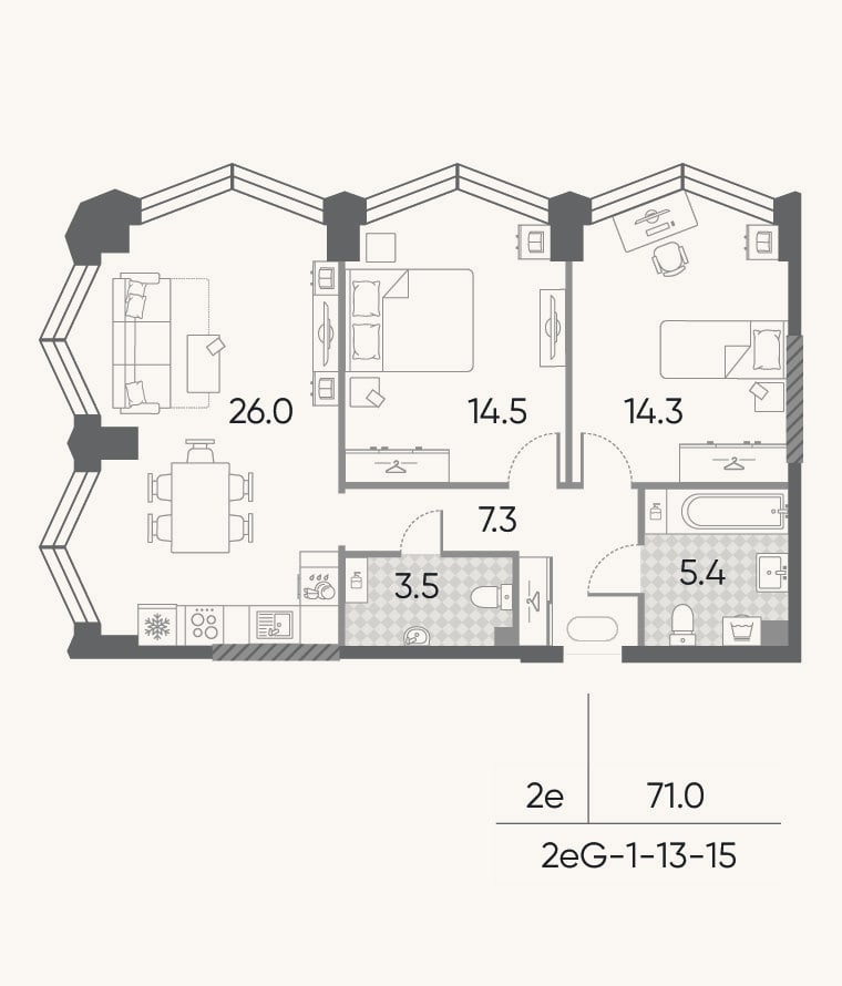 Планировка: 3-к, 71 м²