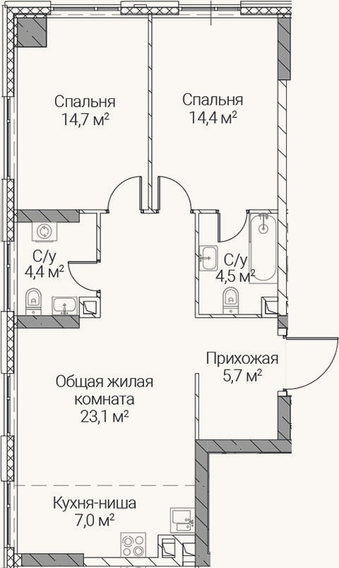 Планировка: 3-к, 73,8 м²