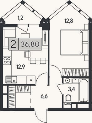 Планировка: 2-к, 35,6 м²