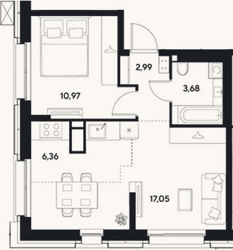 Планировка: 2-к, 41,1 м²