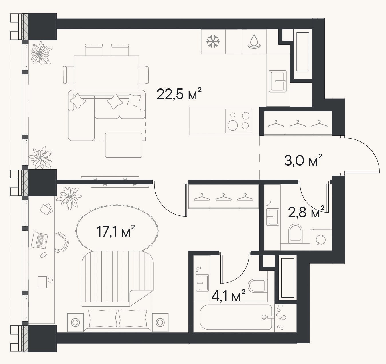 Планировка: 1-к, 49,5 м²