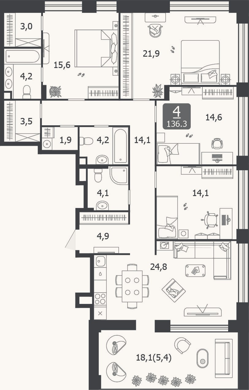 Планировка: 4+ к, 130,9 м²