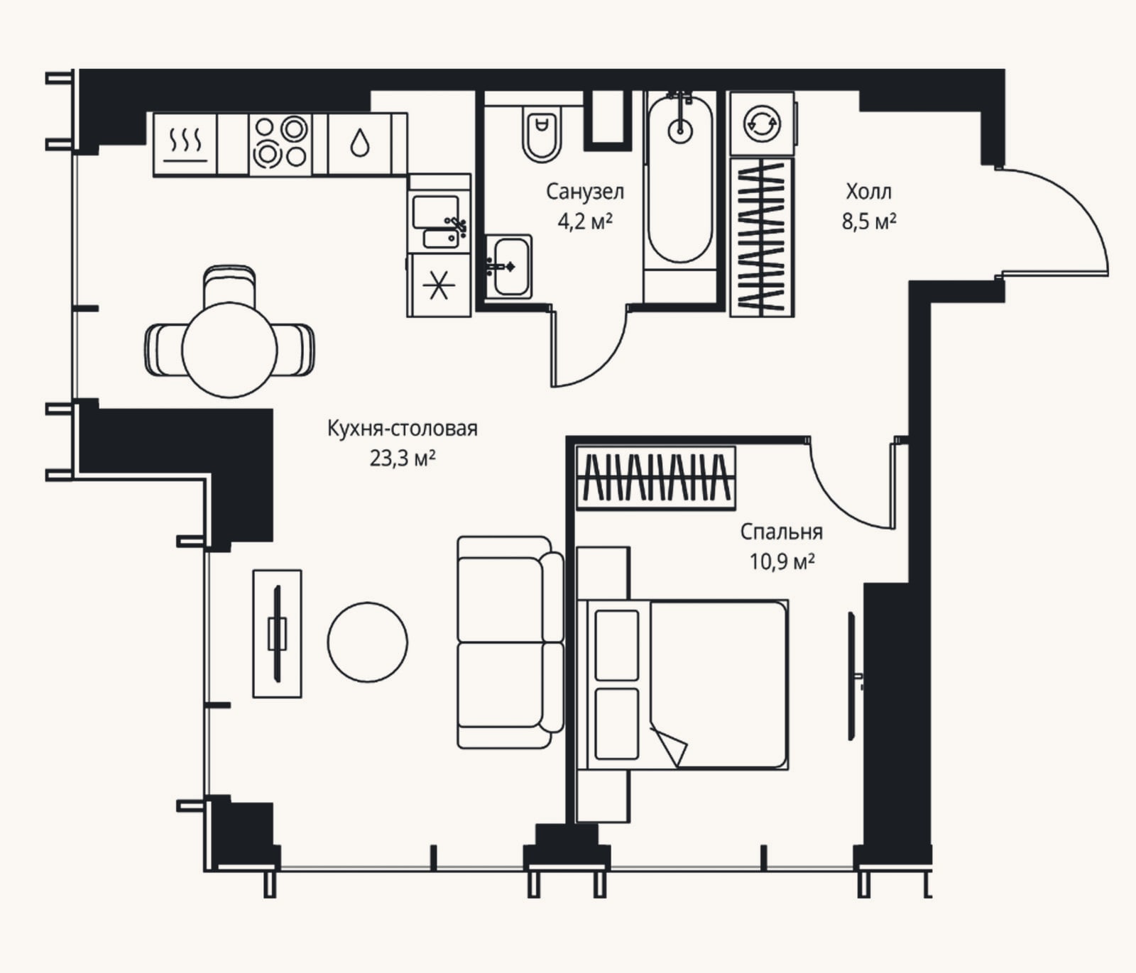 Планировка: 2-к, 46,9 м²
