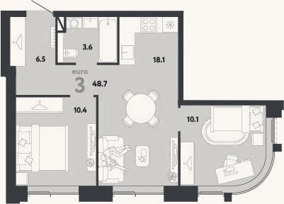 Планировка: 3-к, 48,7 м²