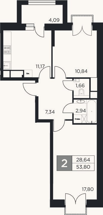 Планировка: 2-к, 51,8 м²
