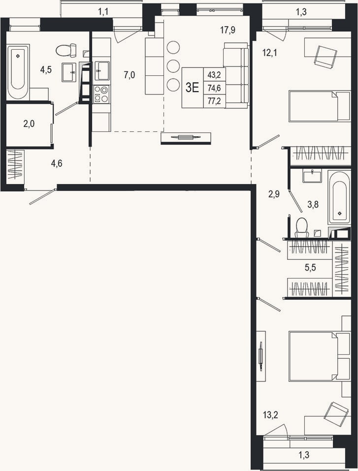 Планировка: 3-к, 73,5 м²