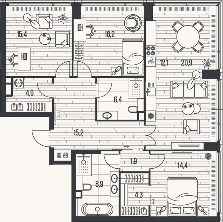 Планировка: 4+ к, 120,6 м²