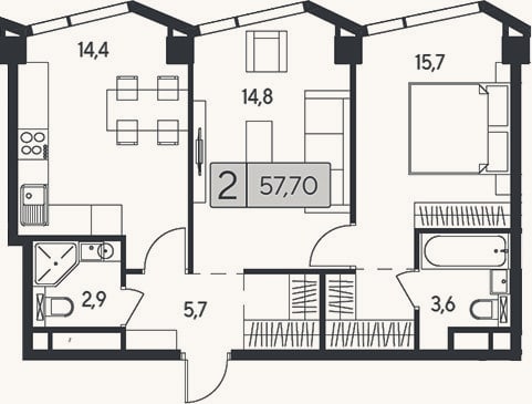 Планировка: 2-к, 57,7 м²