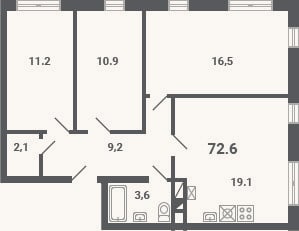 Планировка: 4+ к, 72,6 м²