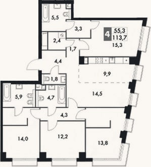 Планировка: 4+ к, 113,7 м²
