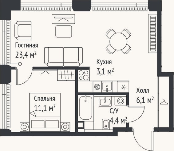 Планировка: 2-к, 48,1 м²