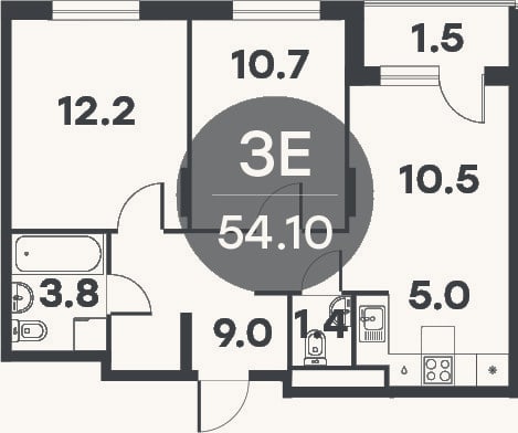 Планировка: 3-к, 52,6 м²