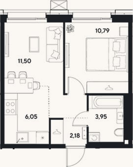 Планировка: 2-к, 34,5 м²