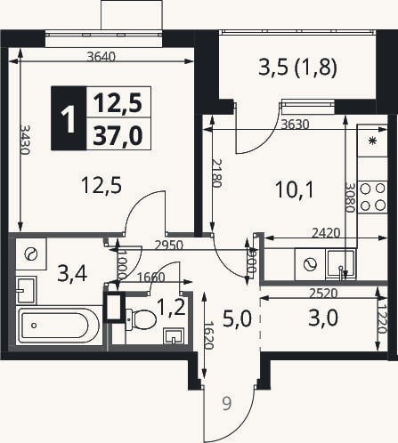 Планировка: 1-к, 35,2 м²