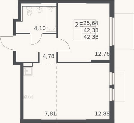 Планировка: 2-к, 42,3 м²