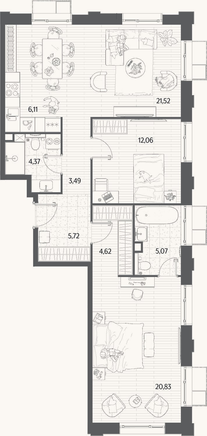 Планировка: 3-к, 83,8 м²