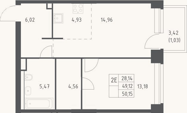 Планировка: 2-к, 49,1 м²