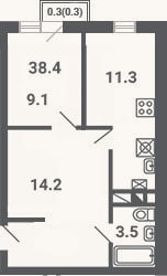 Планировка: 1-к, 38,1 м²
