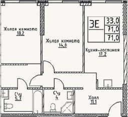 Планировка: 3-к, 71 м²