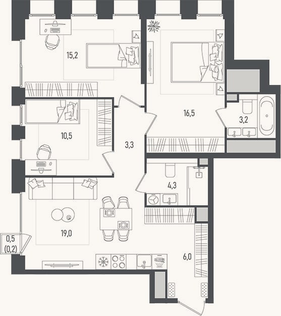 Планировка: 4+ к, 78 м²