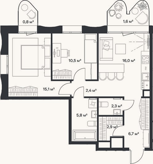 Планировка: 3-к, 61,7 м²